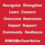 # I Will Be Your Voice awareness keywords. Recognize, strengthen, learn, connect, overcome, awareness, impact, support, community, resilience