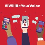 illustration of hands holding smartphones to record and share stories and raise awareness # I Will Be Your Voice